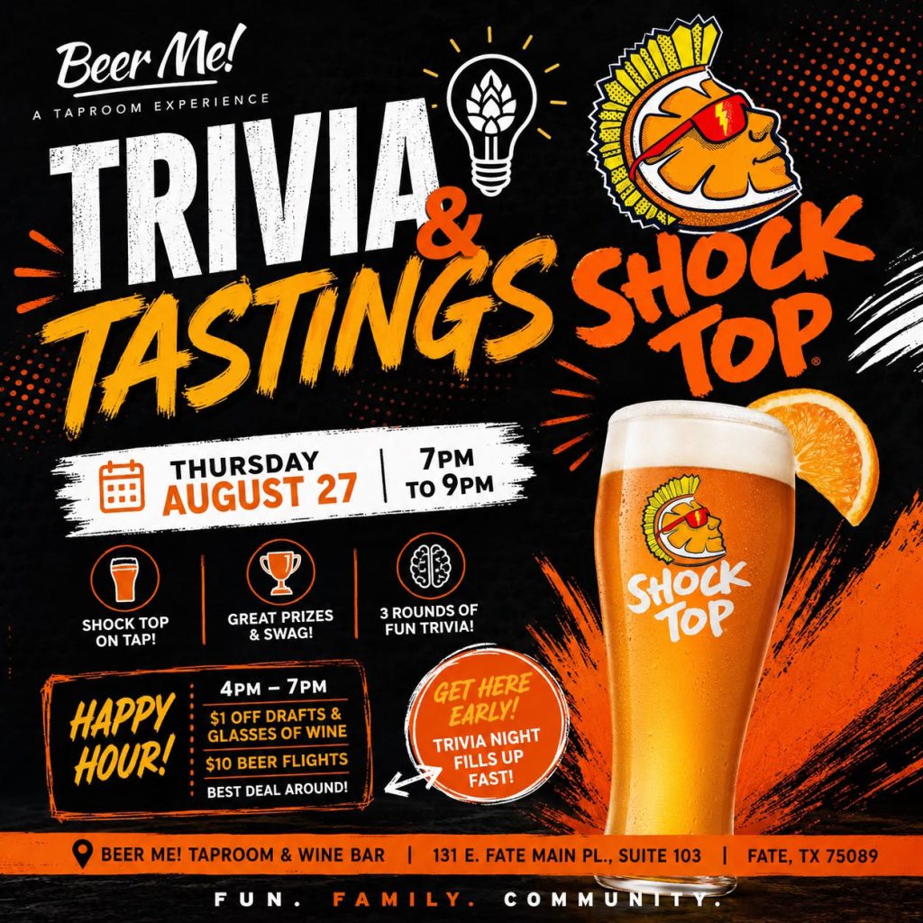 Trivia & Tastings with Shock Top at Beer Me! Taproom & Wine Bar in Fate, TX
