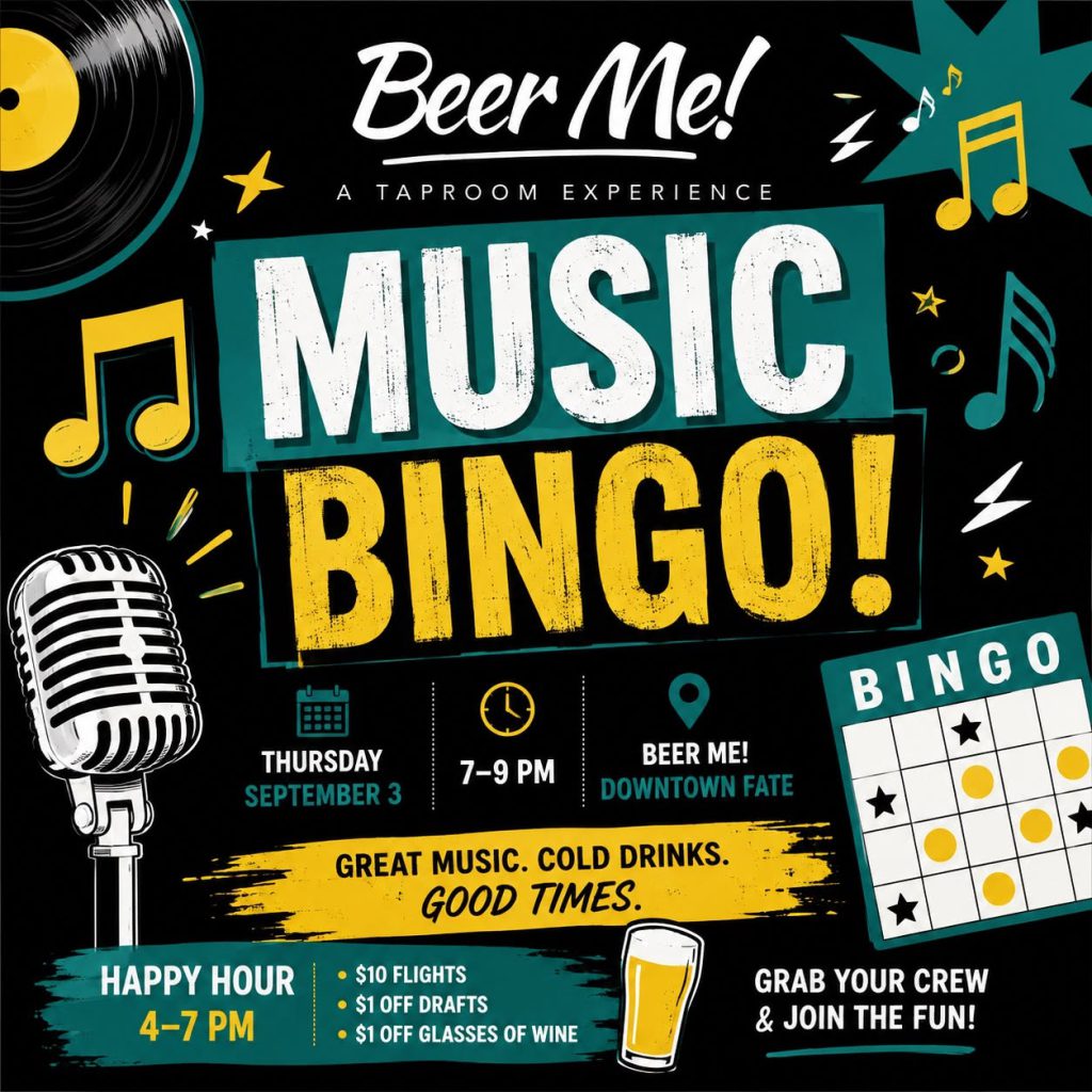 Music Bingo 9/3 at Beer Me! Taproom & Wine Bar in Fate, TX